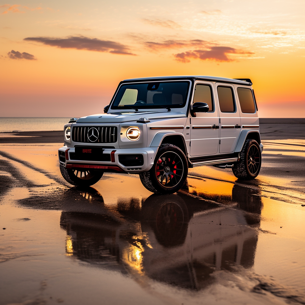 chiefadvyzor_2023_white_amg_gwagon_on_beach_with_sunset_428027a9-a48f-4144-adb2-0fb2eeee4901